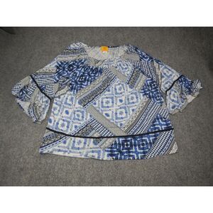 Ruby Rd. Boho Blouse Top XL Blue‎ Geometric Print Chic Peasant Bell Sleeve
